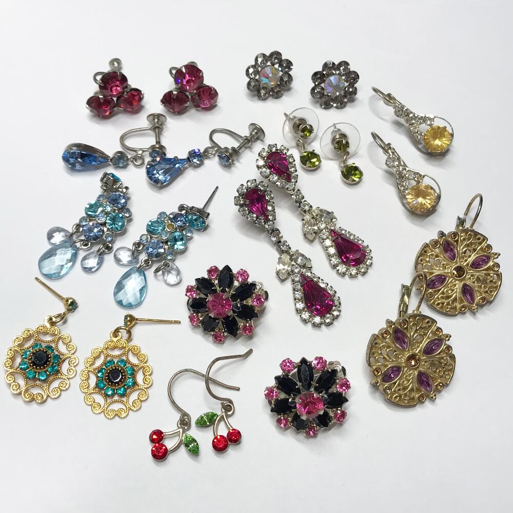 Vintage Estate Large Pink Black Blue Rhinestone Earring Bundle Lot 11 Pairs